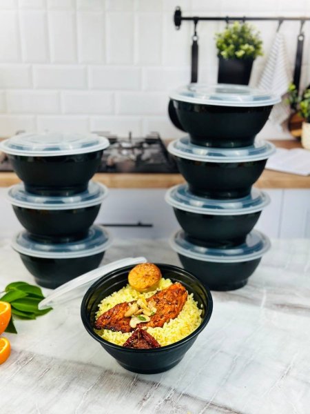 تبروير أكل بلاستيكي مع أغطية وعلب طعام TakeAway قطعة 8 دائري 50oz  لتر 1.4